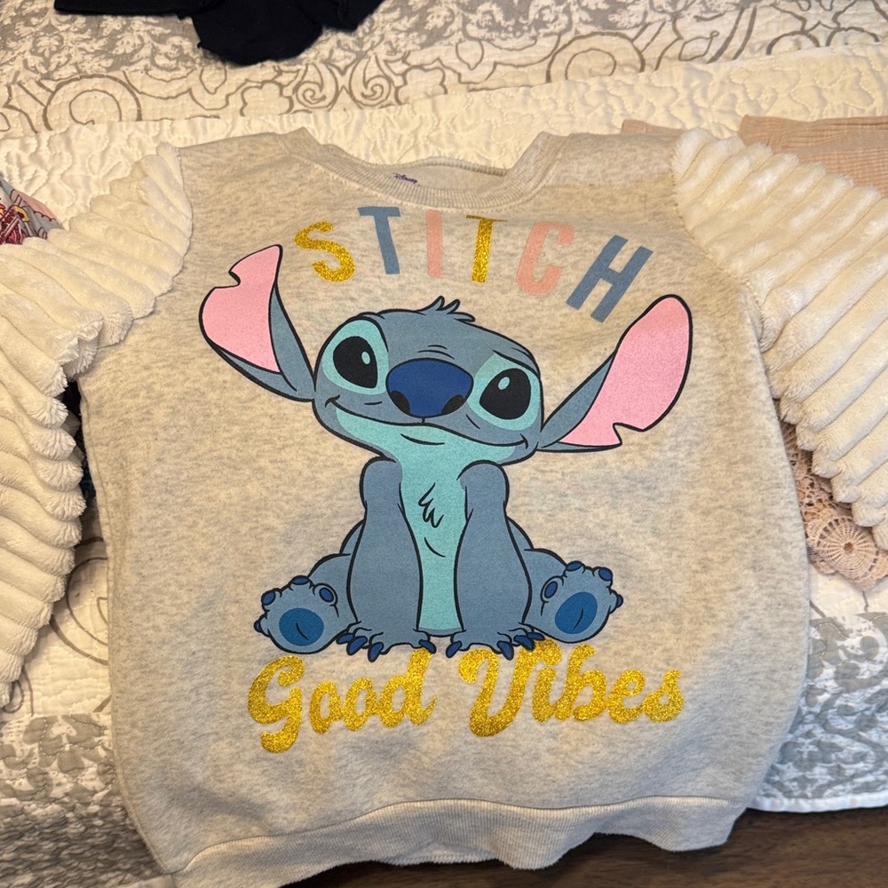Disney Stitch Kids Sweatshirt - Gray with Blue, Pink, and Gold